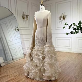 【女神婚紗禮服】高雅輕奢緞布落地飛飛袖波浪魚尾裙擺晚禮服LA72317A米膚色(典禮晚會主持人 拉鍊款晚禮服)