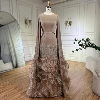 【女神婚紗禮服】高雅輕奢緞布落地飛飛袖波浪魚尾裙擺晚禮服LA72317A焦糖棕(典禮晚會主持人 拉鍊款晚禮服)
