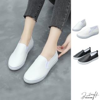 【J&H collection】韓版極簡舒適皮面平底懶人鞋 小白鞋 休閒鞋(白色 / 黑色)