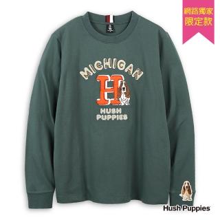 【Hush Puppies】男裝 T恤 立體造型品牌英文毛巾繡刺繡狗長袖T恤(灰綠 / 44111905)