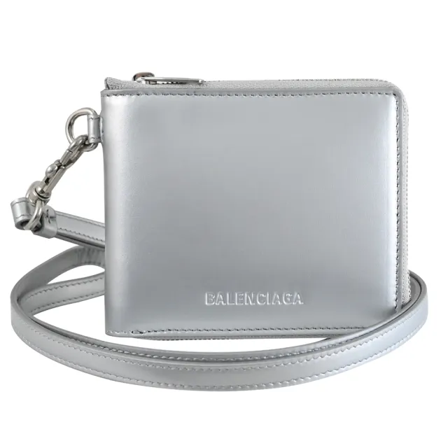 【Balenciaga 巴黎世家】簡約烙印LOGO小牛皮頸掛斜背式拉鍊零錢短夾(銀)