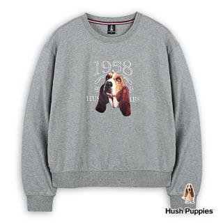 【Hush Puppies】女裝 T恤 素色造型文字品牌刺繡狗寬鬆版長袖T恤(麻灰 / 44211201)