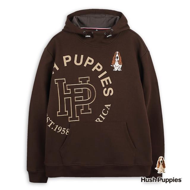 【Hush Puppies】帽T 簡約品牌英文印花刺繡狗寬版帽T(咖啡 / 44102107)