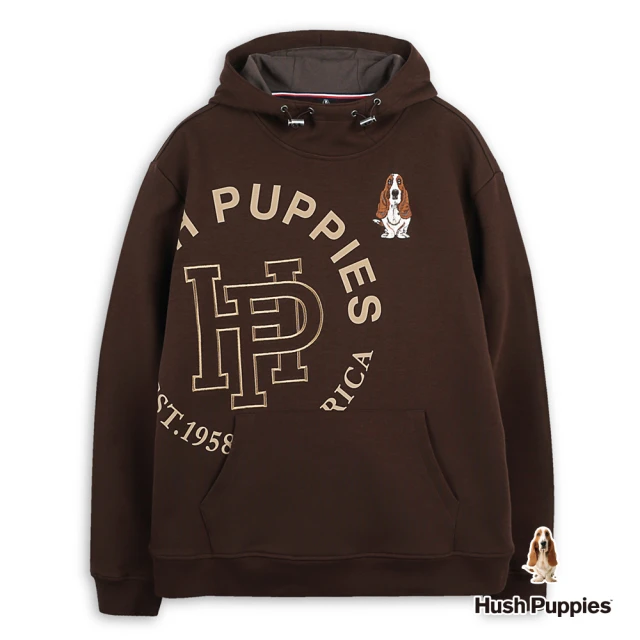 Hush Puppies 帽T 簡約品牌英文印花刺繡狗寬版帽T(咖啡 / 44102107)