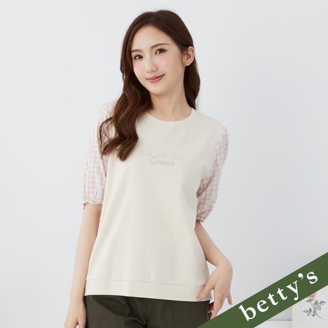 【betty’s 貝蒂思】繡字格紋澎澎袖拼接T-shirt(卡其)