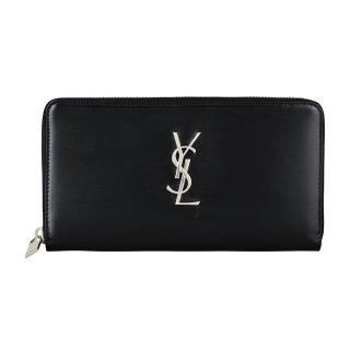 【YSL】YSL Classic經典銀字LOGO光滑小牛皮拉鍊長夾(黑)