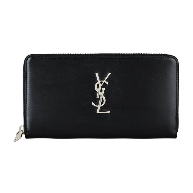 【YSL】YSL Classic經典銀字LOGO光滑小牛皮拉鍊長夾(黑)