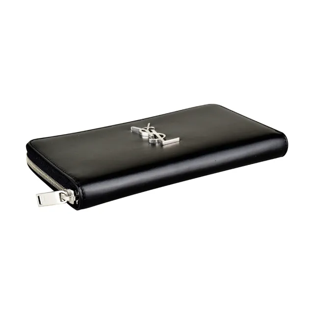 【YSL】YSL Classic經典銀字LOGO光滑小牛皮拉鍊長夾(黑)