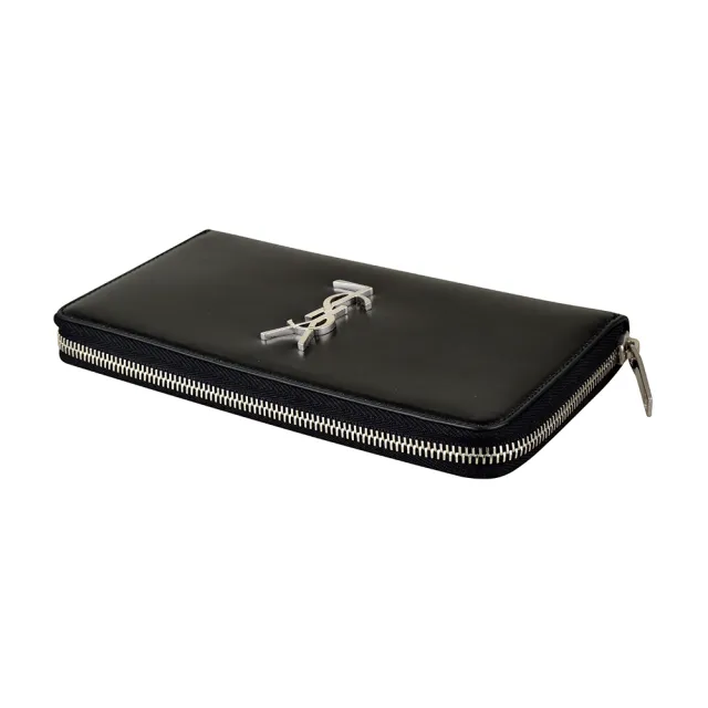 【YSL】YSL Classic經典銀字LOGO光滑小牛皮拉鍊長夾(黑)