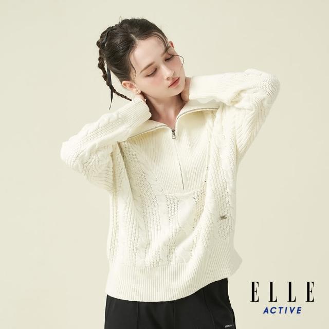 【ELLE ACTIVE】女款 針織翻領長袖上衣-白色(EA24A2W5402#90)