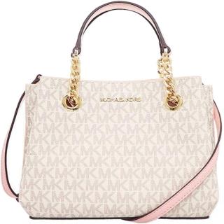 【Michael Kors】TEAGEN粉X香草白PVC滿版LOGO三層小款手提斜背花朵包