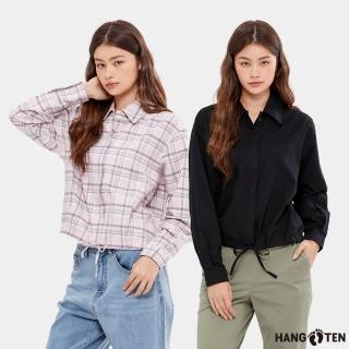 【Hang Ten】女裝-格紋下擺抽繩純棉長袖寬鬆襯衫(多色選)