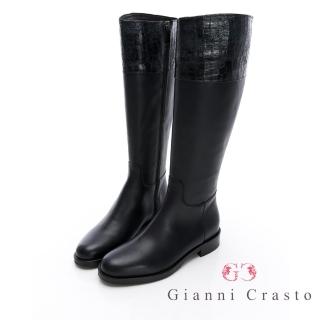 【GEORGE 喬治皮鞋】義大利Gianni Crasto 真皮壓紋拼接長靴-深藍 432012KP72