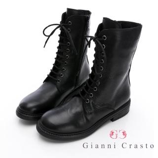 【GEORGE 喬治皮鞋】義大利Gianni Crasto 真皮圓頭綁帶女靴-黑 432016KP10