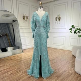 【女神婚紗禮服】高雅奢華串珠蝙蝠袖深V前開衩小魚尾晚禮服LA72288薄荷綠(婚宴晚會主持人 拉鍊款晚禮服)