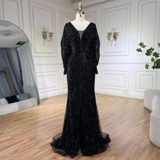 【女神婚紗禮服】高雅奢華串珠蝙蝠袖深V前開衩小魚尾晚禮服LA72288午夜黑(婚宴晚會主持人 拉鍊款晚禮服)