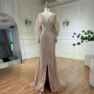 【女神婚紗禮服】高雅奢華串珠蝙蝠袖深V前開衩小魚尾晚禮服LA72288粉膚金(婚宴晚會主持人 拉鍊款晚禮服)