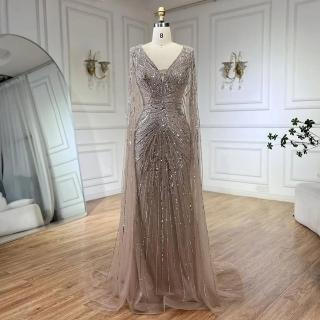 【女神婚紗禮服】極致深v串珠收腹坎肩墜地飛袖小魚尾晚禮服LA72239焦糖棕(典禮晚會主持人 拉鍊款晚禮服)