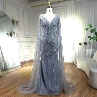 【女神婚紗禮服】極致深v串珠收腹坎肩墜地飛袖小魚尾晚禮服LA72239貴族灰(典禮晚會主持人 拉鍊款晚禮服)