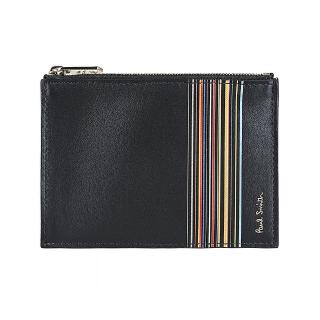 【Paul Smith】PAUL SMITH燙印金色LOGO小牛皮彩紅條紋設計2卡拉鍊卡夾包(黑)
