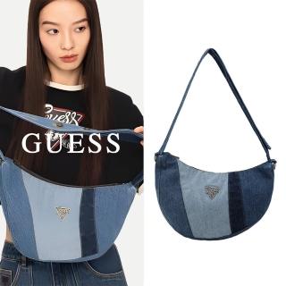 【GUESS】街頭風拉鍊拼接水洗丹寧肩揹包(藍色)
