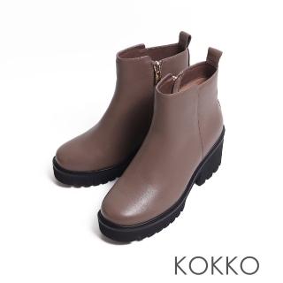 【KOKKO】百搭圓頭柔軟羊皮粗跟厚底短靴(駝灰色)