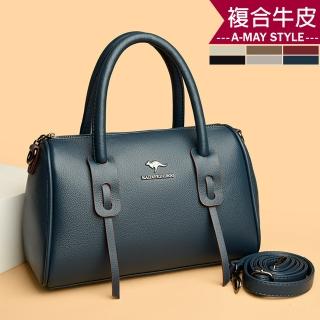 【Amay Style 艾美時尚】真皮 肩揹包 斜揹包 枕頭包 歐美時尚設計大容量手提側背波士頓包(6色.預購)