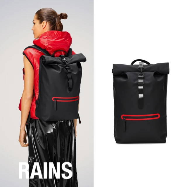 RAINS官方直營 Rolltop Rucksack Contrast 防水捲蓋撞色後背包(Black 經典黑)