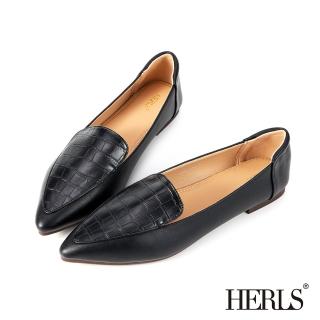 【HERLS】樂福鞋-石頭紋拼接尖頭平底樂福鞋(黑色)