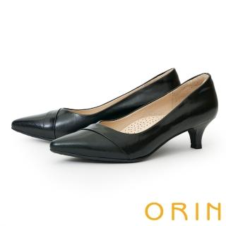 【ORIN】優雅反摺羊皮尖頭中跟鞋(黑色)