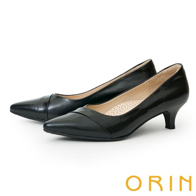 【ORIN】優雅反摺羊皮尖頭中跟鞋(黑色)
