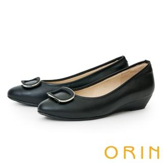 【ORIN】鏤空飾釦牛皮楔型低跟鞋(黑色)
