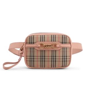 【BURBERRY 巴寶莉】80075101 經典格紋帆布鎖鏈裝飾皮革飾邊胸腰包(粉色)