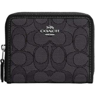 【COACH】黑X黑灰織紋布滿版C LOGO方形拉鍊短夾