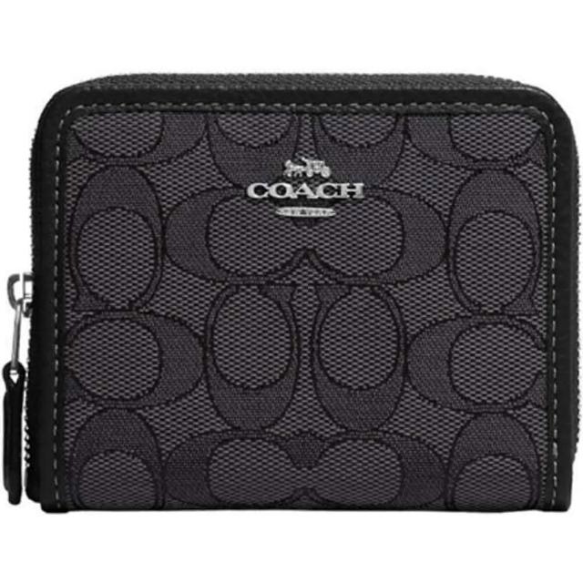 【COACH】黑X黑灰織紋布滿版C LOGO方形拉鍊短夾