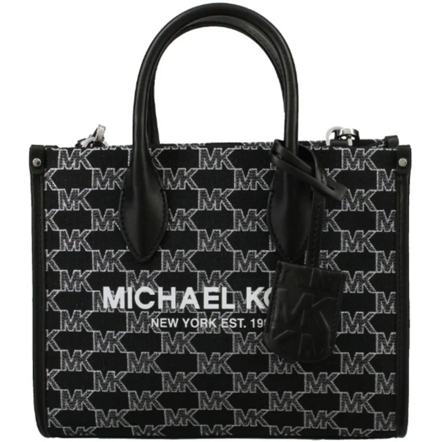 Michael Kors MIRELLA黑色織紋布滿版LOGO亮絲小款手提斜背托特包