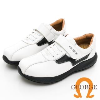【GEORGE 喬治皮鞋】氣墊系列 牛皮厚底反光黏帶休閒鞋-白 418008HK30