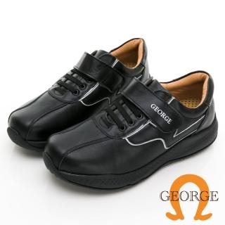 【GEORGE 喬治皮鞋】氣墊系列 牛皮厚底反光黏帶休閒鞋-黑 418008HK10