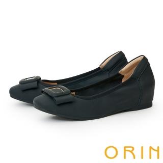 【ORIN】羊皮蝴蝶結飾釦方頭內增高平底鞋(黑色)