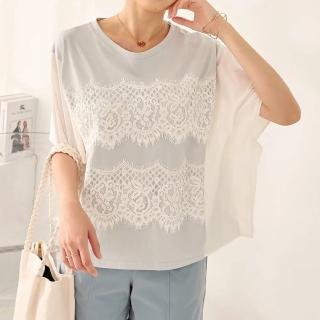【MYDRESS】素雅蕾絲拼接撞色傘袖上衣