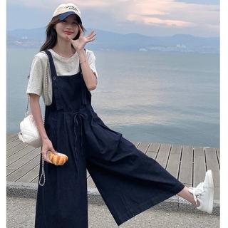 【米蘭精品】現貨+預購 吊帶褲牛仔長褲(韓版工裝時尚減齡休閒闊腳褲女褲子藏藍色74ii2)