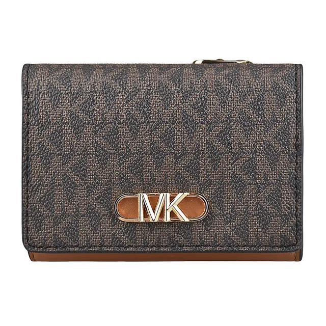 【Michael Kors】MK MICHAEL KORS PARKER LOGO釦式4卡滿版PVC三折短夾(橡子棕x深褐)