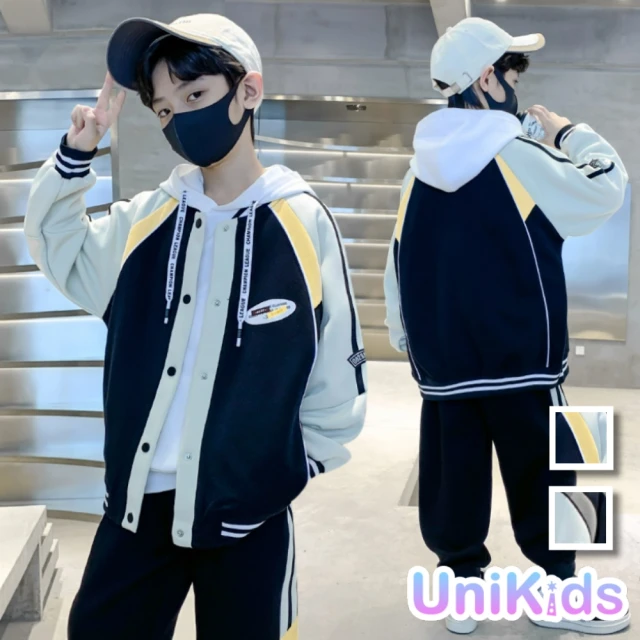 UniKids 中大童裝2件套裝長袖棒球服外套撞色長褲 男大童裝 VP2307(黑 杏)