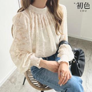 【初色】日系純色半高領泡泡袖長袖雪紡蕾絲襯衫防曬衫上衣女上衣-共5色-37945(M-XL可選)
