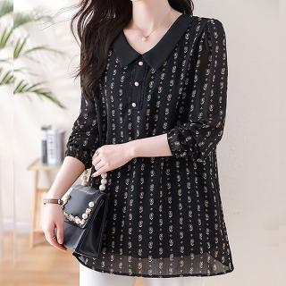 【麗質達人】8036黑色印花長袖上衣-LY(L-5XL)