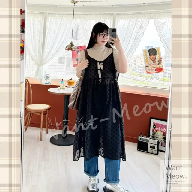 【Want-Meow】100公斤可穿/日系長版可調肩帶綁帶蕾絲透膚長版背心罩衫(大碼/大尺碼/加大碼/長版背心)
