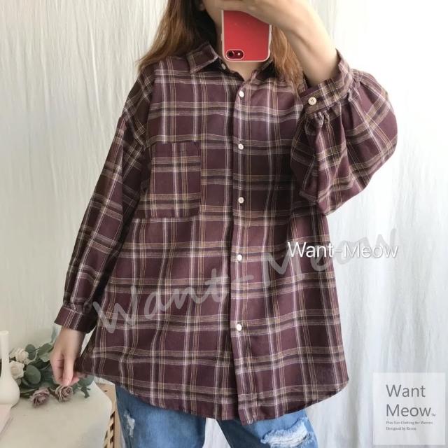 Want-Meow 100公斤可穿 紅梨色格紋襯衫防曬襯衫中大尺碼上衣 大尺碼襯衫 大碼 大尺碼 加大碼