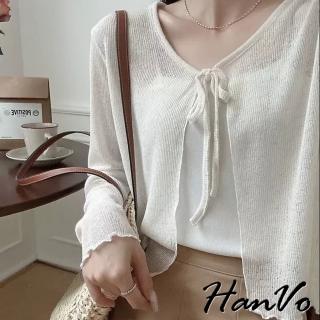 【HanVo】現貨 薄透蝴蝶結綁帶針織上衣(氣質簡約開衫防曬罩衫 韓系女裝 女生衣著 A07-4548)