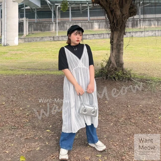 【Want-Meow】100公斤可穿/日系吊帶長版蕾絲長版背心/中大尺碼背心/大尺碼背心/罩衫(大碼/大尺碼/加大碼)