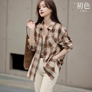 【初色】休閒復古格紋百搭寬鬆翻領長袖襯衫外套女外套-咖啡格紋-37914(M-2XL可選)
